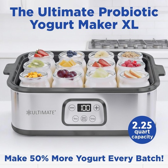 THE ULTIMATE Other - Ultimate Probiotic Yogurt‎ Maker XL Adjustable Temperature & Time 12 Glass Jars